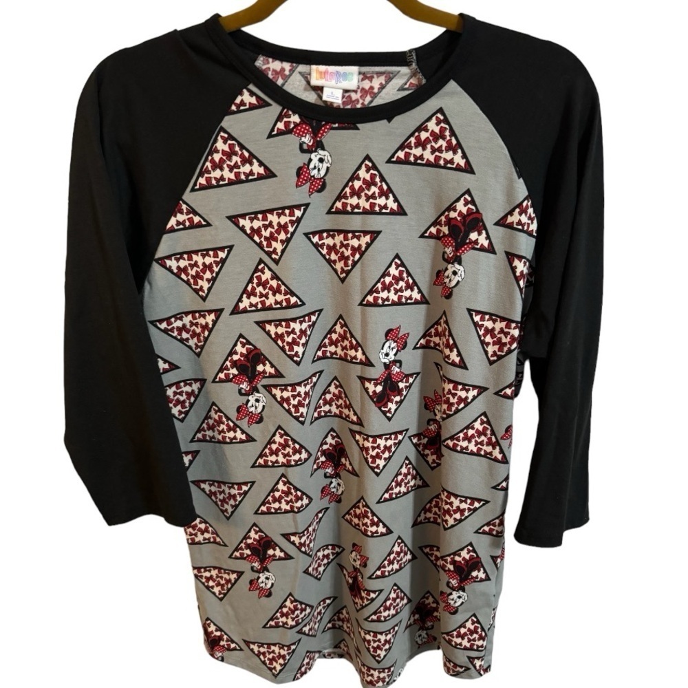 Lularoe Minnie Mouse Gray and Black Patterned Baseball Tee